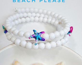 beachy wrap bracelet stacks tie dye Starfish white beads coastal boho style birthday gift for her beach vacation cruise jewelry