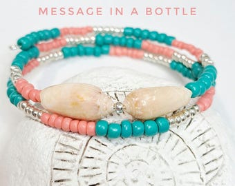 Dainty beach bracelet teal coral  beaded beach shell wrap bracelet, coastal boho style birthday gift for her beach vacation, cruise jewelry