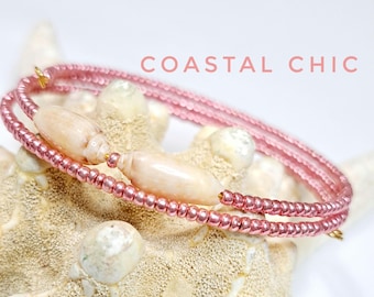 Dainty beach bracelet rose gold beaded beach shell wrap bracelet, coastal boho style birthday gift for her beach vacation, cruise jewelry