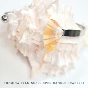 May include: A silver open bangle bracelet with a coquina clam shell. The shell displays orange, yellow, and white stripes. The bracelet is set against a large, textured seashell. The text at the bottom reads "COQUINA CLAM SHELL OPEN BANGLE BRACELET."