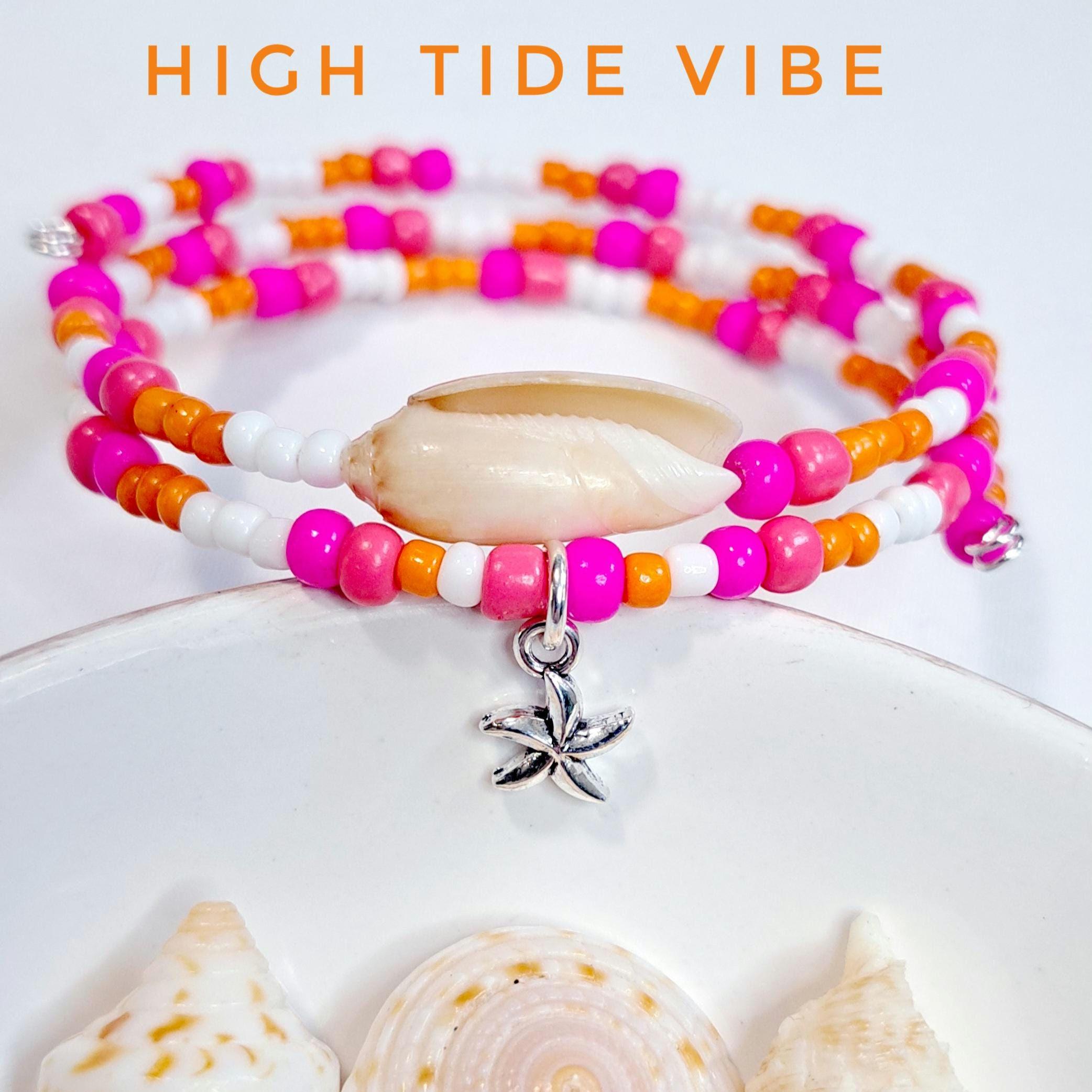 Dainty beach starfish charm bracelet neon beaded beach shell wrap, coastal boho style birthday gift for her vacation cruise jewelry