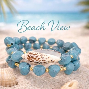 beaded beachy wrap bangle bracelet Olive real seashell ocean blue gold beads memory wire beach gift shell jewelry boho, girls trip vacation