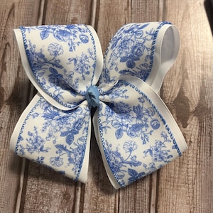 Blue and White Floral Bow | Boutique Hair Bow for Baby Girl, Toddler, or Newborn | Soft Nylon Headband or Clip | Baby Shower Gift