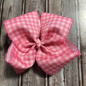 Pink Gingham Hair Bow | Boutique Check Bow with Moonstitch Edge| Handmade Hair Clip or Headband
