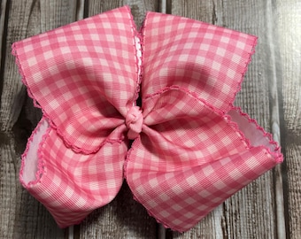 Pink Gingham Hair Bow | Boutique Check Bow with Moonstitch Edge| Handmade Hair Clip or Headband