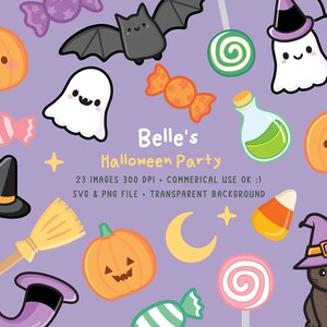 May include: A set of 23 Halloween themed digital clipart images. The images include a ghost, a bat, a witch's hat, a pumpkin, a candy corn, a candy cane, a broom, a cauldron, a spider, a spider web, a crescent moon, a star, and a candy. The images are in a cartoon style and have a purple background. Belle's Halloween Party 23 Images 300 DPI Commercial Use OK :) SVG & PNG File Transparent Background