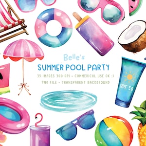 Ultimate Summer Pool Party - Watercolor Illustrations - PNG - Clipart - Beach - Tropical - Commercial Use - Vibrant Colors - Summer Theme