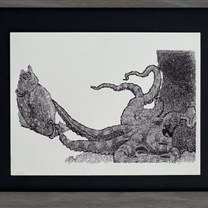 May include: A black and white pen and ink drawing of an octopus with its tentacles wrapped around a tree trunk. The drawing is framed in a gray wood frame.