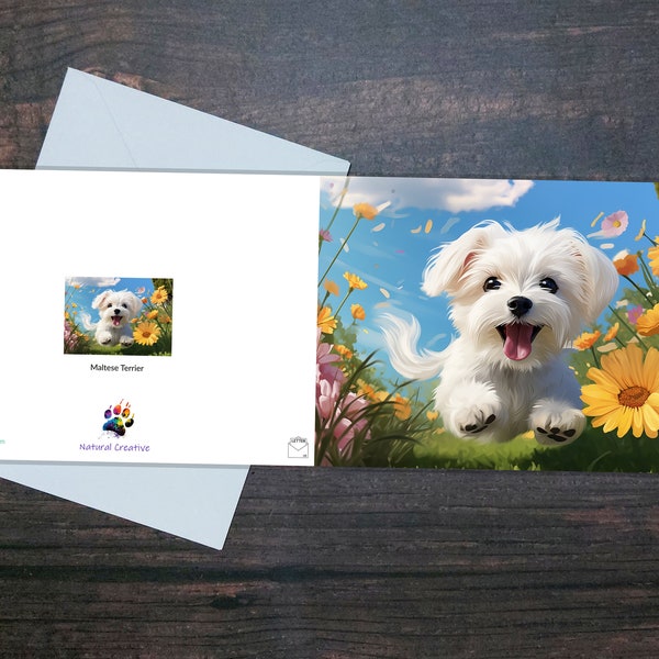 CUTE MALTESE CARD, Blank Maltese Terrier greeting card, Puppy running through flowers, Bright vibrant and colourful card, Dog owner gift