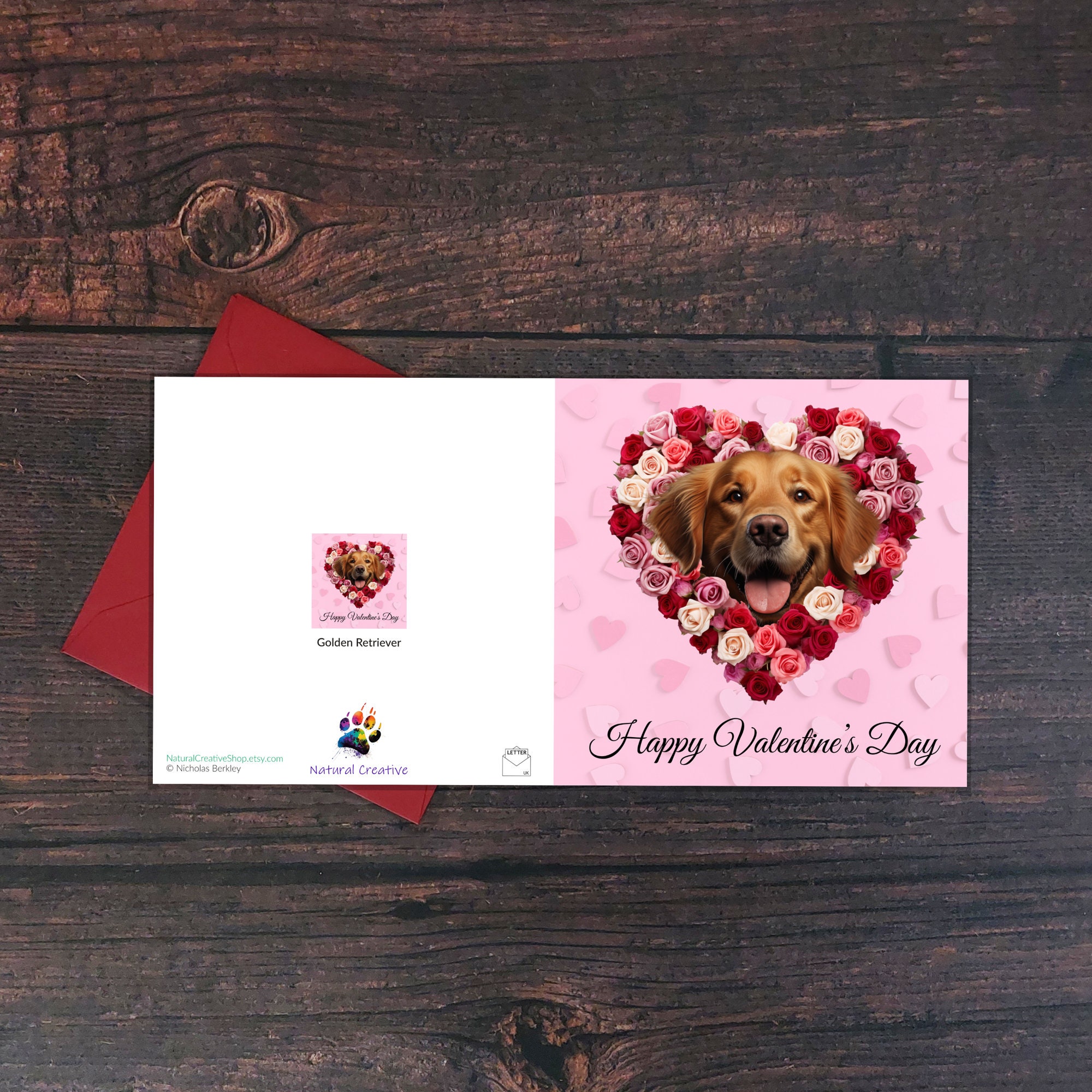 GOLDEN RETRIEVER VALENTINE Card, Retriever &amp; Roses, Valentine's Day ...