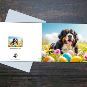 BERNER SENNENHUND Osterkarte, Hund liegt unter Ostereiern, Innenseite blanko, Geschenk für Tierbesitzer, Buntes Geschenk für Hundeliebhaber