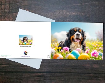 BERNESE MOUNTAIN DOG Easter card, Dog lying amongst Easter eggs, Blank inside glossy card, Gift for pet owner, Colourful gift for dog lover