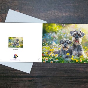 SCHNAUZER CARD, Hond en puppy, Glanzende blanco kaart, Leuke honden en bloemen, Cadeau voor hondenliefhebber, Huisdier wenskaart