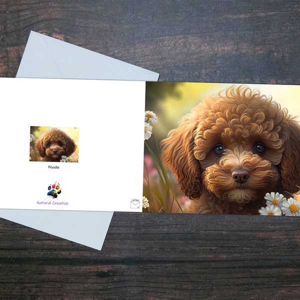 CUTE POODLE CARD, Dog glossy greeting card, Adorable Poodle puppy, Poodle and flowers, Dog lover card, Gift for pet owner and owner
