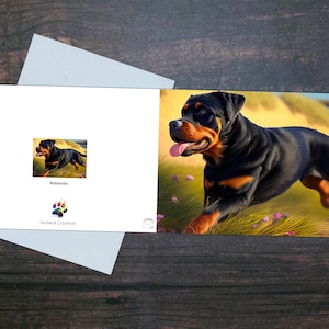 ROTTWEILER GREETING CARD, niedliche Hundekarte, Geschenk für Tierbesitzer, Geschenk für Tierliebhaber, Laufender Rottweiler, Bunte glänzende Karte, Lebendiges Bild