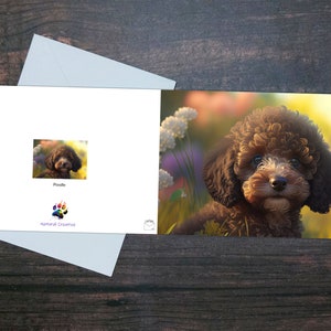 PUDEL-GRUSSKARTE, süße glänzende Hundekarte, Haustier-Liebhabergeschenk, Hundeliebhabergeschenk, leere Welpenkarte, Tierkunst, Hundedruck, Hund in Blumen