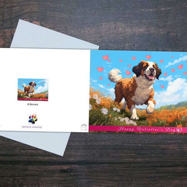 CUTE ST BERNARD valentine card, St Bernard and hearts, Valentine's Day blank glossy greeting card, Gift for dog owner, Dog and flowers
