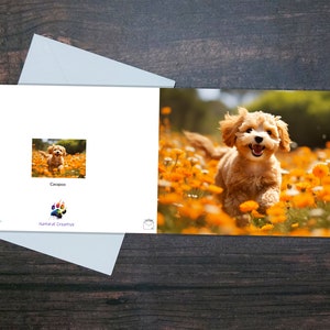LINDA TARJETA CAVAPOO, Cavapoo corriendo a través de flores, Tarjeta brillante interior en blanco, Regalo para el dueño de la mascota, Regalo colorido para el amante de los perros, Vibrante