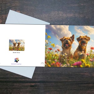 CARTÃO BORDER TERRIER, par de cães, cartão em branco brilhante, cães fofos e flores, presente para amantes de cães, cartão de felicitações para animais de estimação