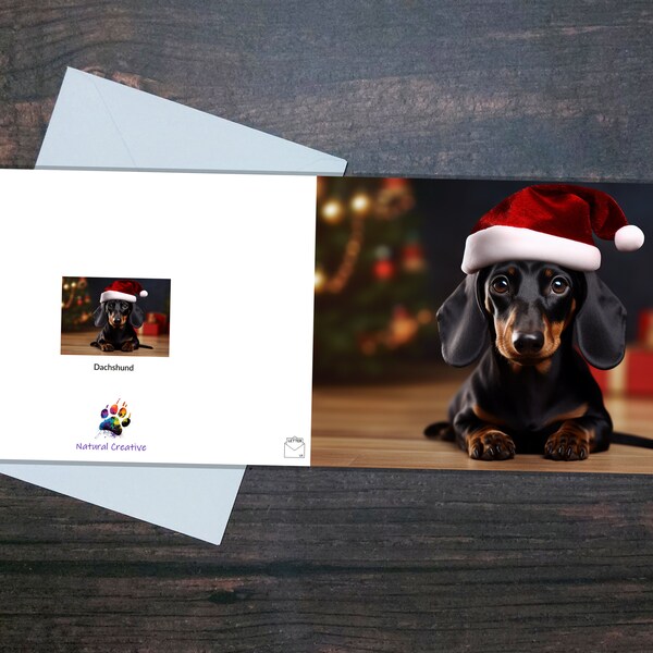 DACHSHUND XMAS CARD, Cute short-haired Dachshund dog wearing Santa hat indoors, Festive winter Christmas card, Seasonal glossy blank card