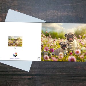 CARTÃO PUG, cachorro e cachorrinho, cartão em branco brilhante, cachorros fofos e flores, presente para amantes de cães, cartão de felicitações para animais de estimação