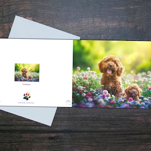 COCKAPOO CARD, hond en puppy, glanzende blanco kaart, schattige honden en bloemen, cadeau voor hondenliefhebber, huisdier wenskaart