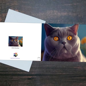 ブリティッシュショートヘアーキャット、グリーティングカード、愛らしいぽっちゃり猫、かわいい猫のプリントカード、空白のグリーティングカード、ペットカート、猫好きのアート