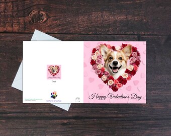 CORGI VALENTINE CARD, Corgi & roses, Valentine's Day, Blank inside, Square glossy greeting card, Gift for dog owner, Hearts