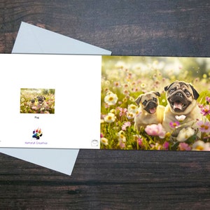 CARTÃO PUG, CÃO e cachorrinho, Cartão em branco brilhante, Cães fofos e flores, Presente para amantes de cães, Cartão de felicitações para animais de estimação