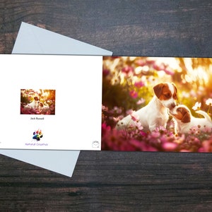 JACK RUSSELL CARD, hond en puppy, glanzende blanco kaart, schattige honden en bloemen, cadeau voor hondenliefhebber, huisdier wenskaart
