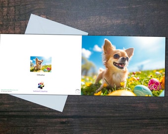 CHIHUAHUA EASTER CARD, Cane felice che giace tra le uova di Pasqua, Biglietto vuoto all'interno lucido, Regalo per il proprietario dell'animale domestico, Regalo colorato per l'amante dei cani