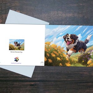 BERNER SENNENHUND Blanko-Karte, Süßer glücklicher Hund, der durch Blumen läuft, Schöne fröhliche Karte, bunte, helle, sonnige Hochglanzkarte