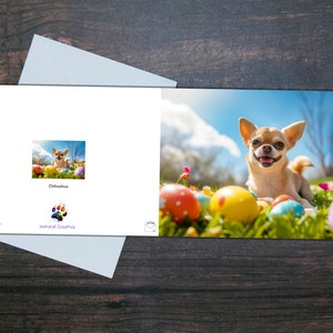 CARTÃO DE PÁSCOA CHIHUAHUA, cachorro feliz deitado entre ovos de Páscoa, cartão brilhante dentro em branco, presente para dono de animal de estimação, presente colorido para amante de cães
