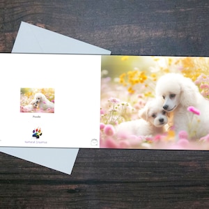 CARTÃO POODLE, cachorro e cachorrinho, cartão em branco brilhante, cachorros fofos e flores, presente para amantes de cães, cartão de felicitações para animais de estimação