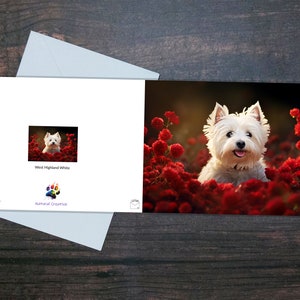 SÜSSE WESTIE VALENTINE Karte, West Highland White Terrier und rote Rosen, Valentinstag leere glänzende Grußkarte, Geschenk für Hundebesitzer