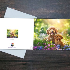 CARTÃO COCKAPOO, Cão e cachorrinho, Cartão em branco brilhante, Cães e flores fofos, Presente para amantes de cães, Cartão de felicitações para animais de estimação