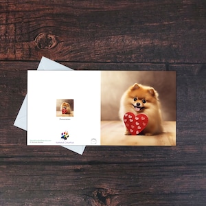 POMERANIAN GREETING CARD, Cute dog and red heart, Blank inside, Square glossy greeting card, Gift for dog owner, Brown Pom