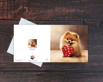 POMERANIAN GREETING CARD, Cute dog and red heart, Blank inside, Square glossy greeting card, Gift for dog owner, Brown Pom