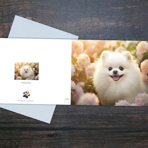 POMMER BLANK CARD, süße Hundegrußkarte, Haustierkarte, Haustierliebhabergeschenk, entzückender Hund, Spielzeugrasse, glücklicher weißer Hund in den rosa Blumen
