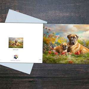 CARTÃO BULLMASTIFF, cachorro e cachorrinho, cartão em branco brilhante, cachorros fofos e flores, presente para amantes de cães, cartão de felicitações para animais de estimação