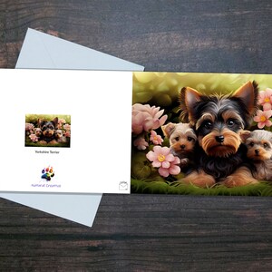 SÜSSE YORKSHIRE TERRIER Karte, Mama und Welpen, Geschenk für Geburtstage oder Muttertag, Hunde und Blumen, glänzende Blanko-Karte, wunderschön und farbenfroh