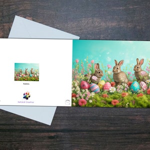 CARTE LAPINS DE PÂQUES, Carte de voeux lapins, Fleurs colorées, Lapins mignons et amusants, Blanc à l'intérieur, Papier glacé, Oeufs de Pâques