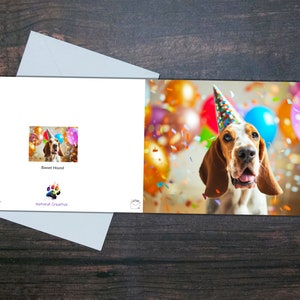 BASSET HOUND Grußkarte, Hund trägt Partyhut, Innenseite glänzend, Geschenk für Tierbesitzer, Buntes Geschenk für Hundeliebhaber