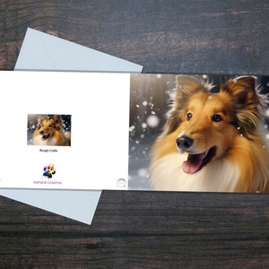 ROUGH COLLIE CHRISTMAS card, Cute dog in falling snow, Blank inside glossy card, Gift for pet owner, Festive gift for dog lover