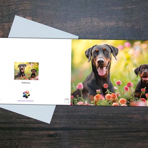 CARTE DOBERMAN, chien et chiot, carte vierge brillante, chiens et fleurs mignons, cadeau pour amoureux des chiens, carte de voeux pour animal de compagnie