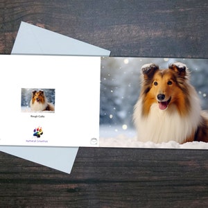 ROUGH COLLIE CHRISTMAS card, Cute dog in falling snow, Blank inside glossy card, Gift for pet owner, Festive gift for dog lover