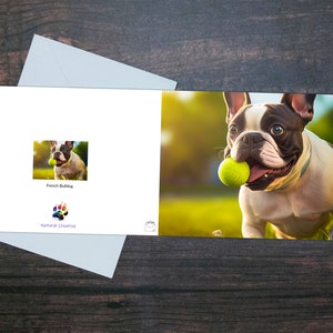 FRENCH BULLDOG CARD, Jolie carte de chien, Carte de voeux, Carte sur papier glacé, Cadeau pour amoureux des animaux, Chien jouant avec un ballon, Race populaire, Adorable chien