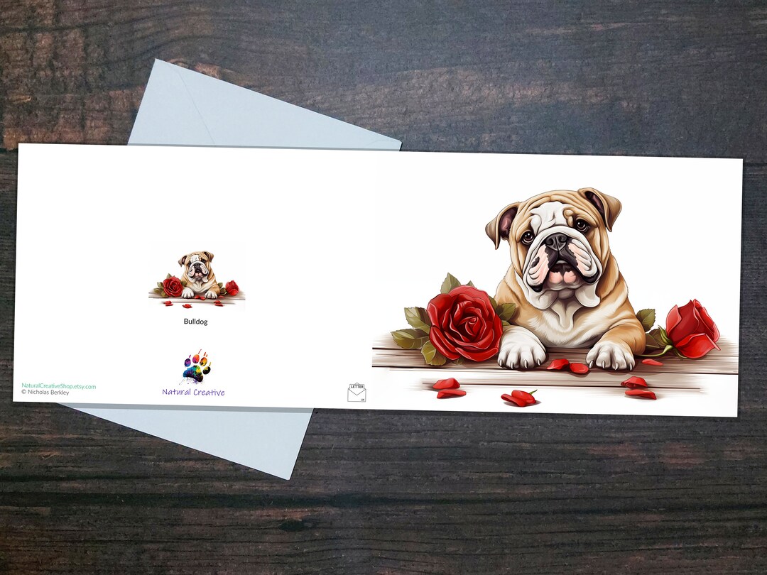 BULLDOG GREETING CARD, Cute British Bulldog With Roses, Romantic ...
