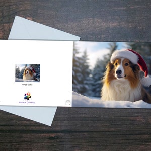 CUTE ROUGH COLLIE Xmas card, Happy dog wearing Santa hat, Fun festive winter Christmas card, Seasonal glossy blank card