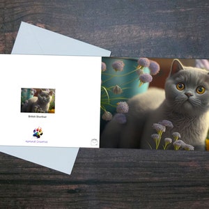 BRITISH SHORTHAIR CARD, Katzengrußkarte, süße Katzenkarte, glänzende Haustierkarte, Katze und Blumen, entzückende Katze, Tierliebhaberkarte